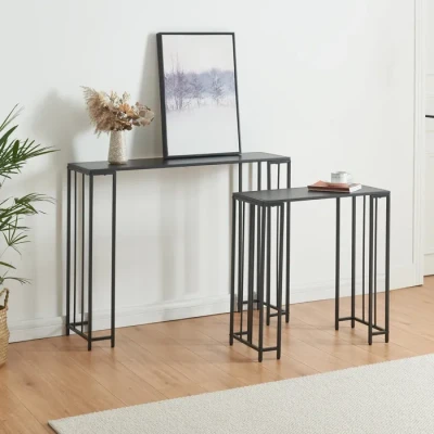 Image de [en.casa] Set de 2 Tables Consoles Gigognes Ensemble d&#039;Appoint Tailles Différentes pour Entrée Couloir Salon Design Industriel Intemporel Métal Panneau Particules Noir