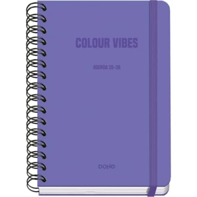 Image de Dohe Agenda Scolaire 2025 2026 Semainier, Taille A5 (15x21 cm), Espagnol et Anglais, Fermeture à Spirale Double Élastique, Couverture Rigide, 4 Pages d&#039;Autocollants COLOUR VIBES Violet