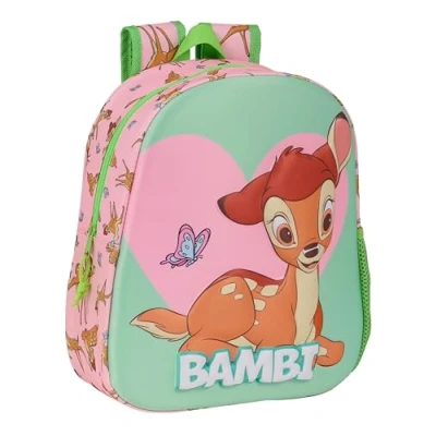 Image de Safta BAMBI Sac à dos d&#039;école au design 3D, adaptable chariot, idéal pour les enfants de différents âges, confortable et polyvalent, qualité résistance, 27 x 10 33 cm, couleur vert/rose,