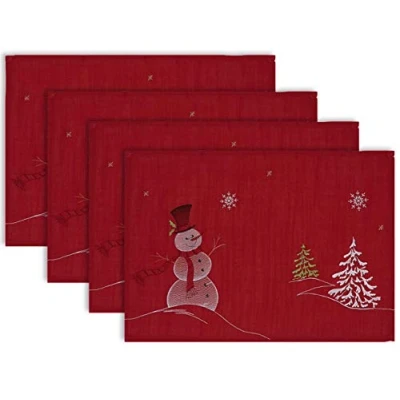 Image de DII Ensemble de 4 Sets Table brodés en Forme Bonhomme Neige, 33 x 48 cm, Rouge