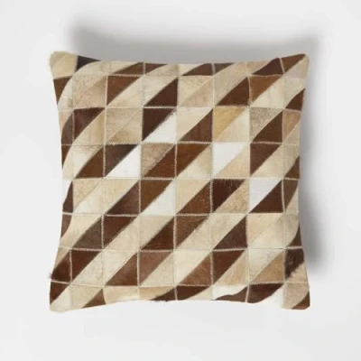 Image de Coussin en peau véritable à rayures HOMESCAPES 45 x cm Multicolore Marron Synthétique Carré