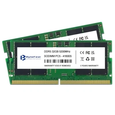 Image de ByteFest RAM DDR5 64Go Kit (2x32Go) 5200MHz SODIMM CL42 1.1V 262 Pin Gaming Mémoire pour Ordinateur Portable/Laptop/Mini PC