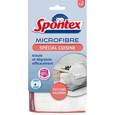 Image de SPONTEX Microfibre Cuisine 2 microfibres avec texture gaufrée Essuie et dégraisse efficacement Elimine 99% des bactéries