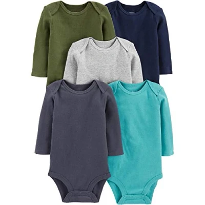 Image de Simple Joys by Carter&#039;s Long Sleeve Bodysuit Pack of 5 Body, Bleu/Bleu Marine/Bleu Marine Délavé/Gris Chiné/Vert Olive, 0 3 Mois (Lot de 5) Mixte bébé
