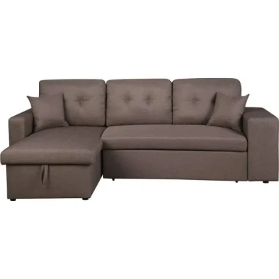 Image de Habitat et Jardin Canapé d&#039;angle Convertible Réversible Axel 3 Places Taupe Lit Design Moderne en Tissu Lin Espace de Stockage (Méridienne) + Étagères