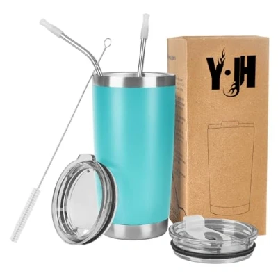 Image de Y·J&amp;H 20oz (550ml) Gobelet de voyage Tasse à café paroi double isolée sous vide acier inoxydable,avec 2 couvercles anti éclaboussures, pailles et brosse canalisation, sans BPA Turquoise