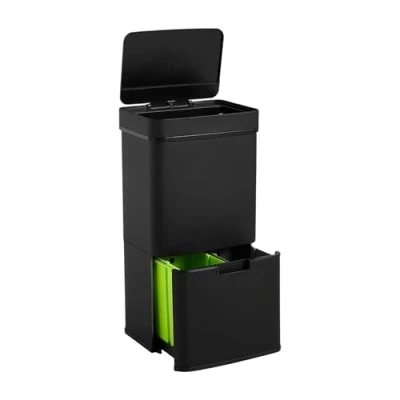 Image de Well Home Poubelle de recyclage 62 L (37 + 25 L) à 2 compartiments, ouverture automatique avec capteur, en acier inoxydable, noir