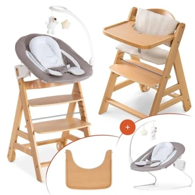 Image de hauck Chaise Haute Bébé Alpha Move Newborn Set Deluxe Évolutive dès Naissance avec Transat Bebe Inclinable, Réducteur, Coussin, Tablette Repas Naturel Sable
