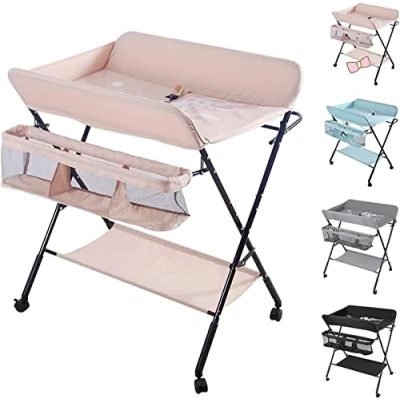 Image de Table à langer pliable avec paniers et matelas pour bébé roues,Table pliante portable étagère de rangement panier nouveau né 0 12 mois (80*66*98cm (rose))
