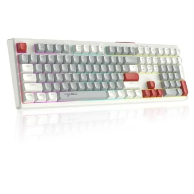 Image de V300 Clavier de Jeu Filaire 108 Touches QWERTY Rétroéclairé RGB Rainbow avec en Membrane, Format Complet Multimédias, Ergonomique pour les Joueurs, au Bureau Blanc Gris