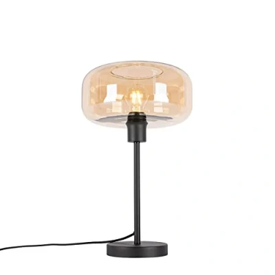 Image de Qazqa Art déco tafellamp zwart met amber glas Bizle Verre/Acier Rond Convient pour LED Max. 1 x 25 Watt