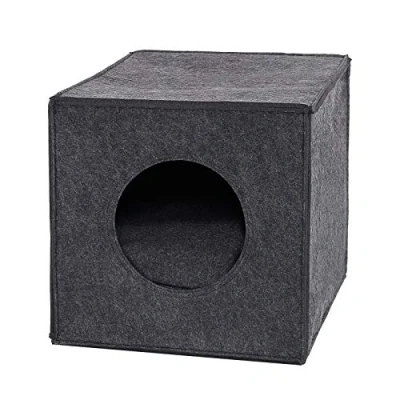 Image de lionto Caverne pour Chats en Feutre Robuste adaptée aux systèmes de rayonnage, 33x37x33 cm, lit Pliable Forme Cube, Niche avec Coussin Confortable, Gris foncé