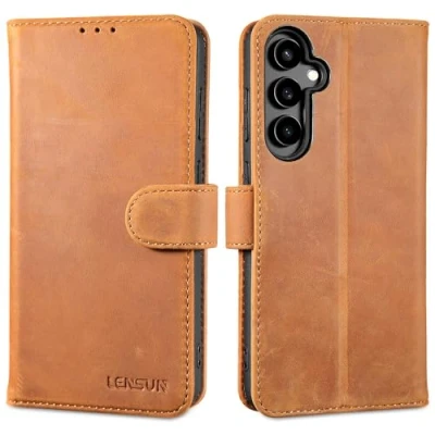Image de LENSUN Coque pour Samsung Galaxy S23 FE, [Etui à Rabat] Cuir Véritable Portefeuille Housse avec Rangements Cartes et Fermoir Magnétique FE Brun Rétro