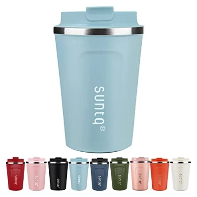 Image de SUNTQ Tasse à café réutilisable de voyage en acier inoxydable avec couvercle étanche Isolée par un vide double paroi Tasses écologiques pour boissons chaudes et froides, 13oz/380ml,bleu ciel