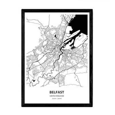 Image de Nacnic Affiche avec Carte de Belfast Royaume Uni. Feuilles Villes des Mers et rivières du Uni en Couleur Noire. Format A3