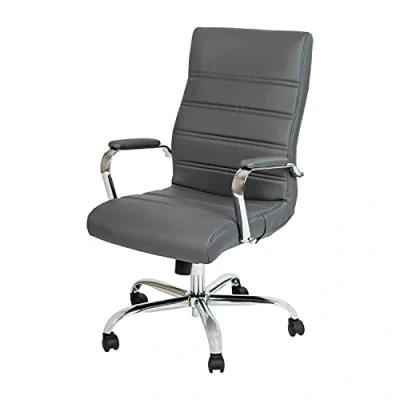 Image de Flash Furniture Fauteuil de Bureau pivotant à Dossier Haut métal et accoudoirs, Cadre en Cuir Gris/Chrome, Set of 1