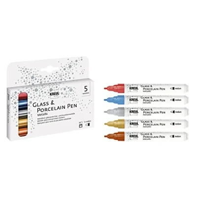 Image de KREUL 16430 Glass &amp; Porcelain Pen Metallic Set de 5 stylos opaques à pointe moyenne indéformable pour verre et porcelaine Largeur trait d’environ 2 4 mm Couleurs métallisées