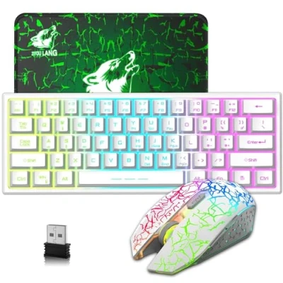 Image de 60% Compact USB Pack Clavier Souris Sans Fil Gamer, Mecanique Sentiment 3800mAh RGB Rétroéclairé Clavier, 2400DPI 7 Optique Respiration Lumières Ergonomique, Compatible Mac/PC/window Blanc