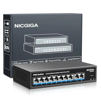 Image de Commutateur PoE 8 Ports avec 100Mbps PoE+@120W + 2 * Gigabit Uplink, NICGIGA 10 Port 802.3af/at Power Over Ethernet Network Switch Unmanaged, VLAN and 250m Extender Mode, Fanless.