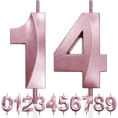 Image de 14th Bougie D&#039;anniversaire à Paillettes Or Rose au Design 3D, Bougies Numérotées pour 90e, Décorations de Dessus Gâteau, Gâteau Fête D&#039;anniversaire, Anniversaire Mariage