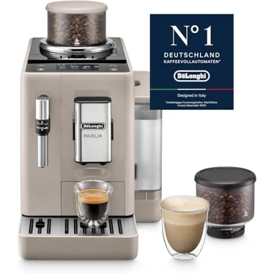 Image de De&#039;Longhi Rivelia EXAM440.35.BG, Machine À Café Grain Automatique, Grains Fraîchement Moulus, Bac à Interchangeable, Buse Vapeur Lait Classique, 8 Recettes, Écran Tactile Couleur, Beige Sable