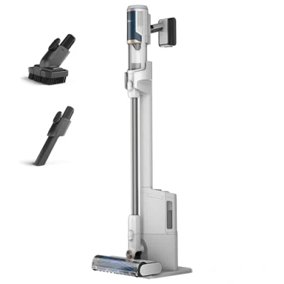 Image de Shark Clean &amp; Empty aspirateur sans fil, système vidange automatique, léger anti poils avec outils animaux et interstices, autonomie 40 minutes, station de chargement, blanc/bleu, BU3521EU
