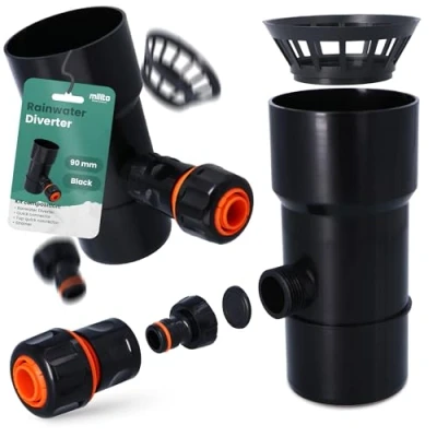 Image de Millto™ Collecteur de Pluie DN Ø90 mm Noir Recuperateur d&#039;eau pour Goutiere Compris Filtre Raccord Tuyau Jardin Descente d&#039;Arrosage Système Récolte