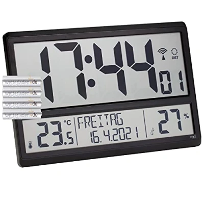 Image de TFA Dostmann 60.4520.01 Horloge murale numérique XL radio pilotée avec température intérieure, date et jour de la semaine (noir piles)