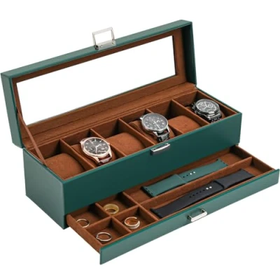 Image de Procase Boite a Montre à 2 Niveaux, 6 Emplacements avec Coussins pour Montres, 2ème Compartiment des Petits Bijoux Accessoire, Couvercle en Verre Vert