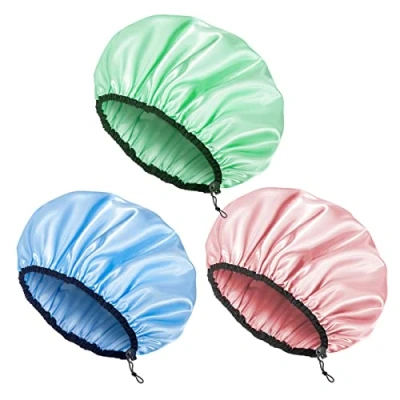 Image de Auban bonnet de douche pour femme, réutilisable, extérieur en satin imperméable, doublure EVA, réglable et XL, cheveux toutes les longueurs cheveux, 3 couleurs