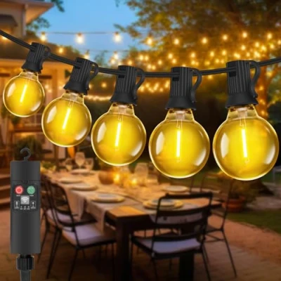 Image de Bowfar Guirlande Lumineuse d&#039;extérieur à piles 6M 10 LED G40 Ampoules, Blanc chaud Guinguette Exterieure avec fonction minuterie, IP65 Étanche pour Balcon Bistro Fête Pavillon Mariage