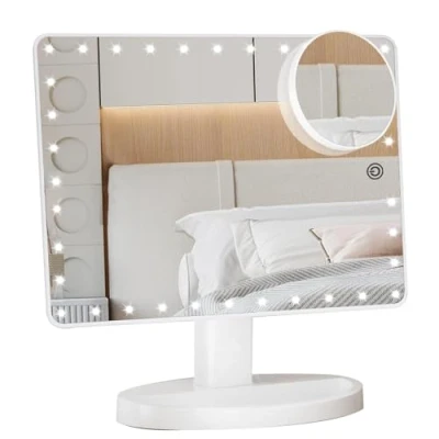 Image de FUNTOUCH Grand miroir de maquillage lumineux (XL) avec 35 lumières LED, écran tactile à intensité variable et grossissement x10, double alimentation, rotation 360 , cosmétique table