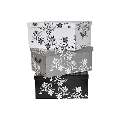 Image de Lot de 3 boites en carton la série &quot;fleurs baroques&quot; blanc, noir et gris Volume XXL, superbe look grande solidité. Chaque boîte a pour dimensions 51 x 37 24 cm excellent maison, le bureau, linge, cadeau, etc.