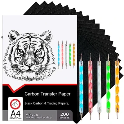 Image de Raimarket Lot de 200 feuilles papier carbone noir pour traçage sur tissu, bois et toile, 5 stylets, course dessin patrons couture, format A4