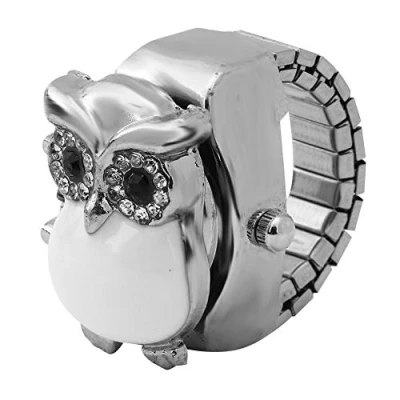 Image de ZJchao Bague de Doigt Montre Rabattable Vintage Motif Hibou Rond à Quartz pour L&#039;obtention du Diplôme d&#039;anniversaire(Blanc)