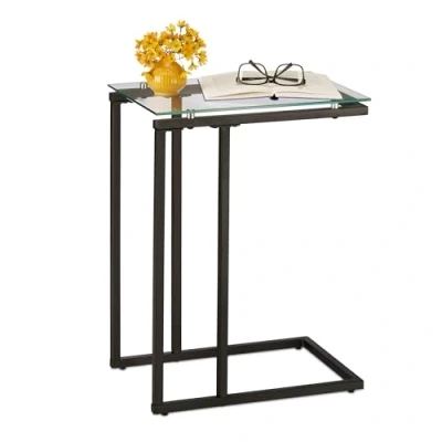 Image de relaxdays Table d’appoint Haute, en Forme de U, mélange matériaux, Plateau Verre, Bauhausstil, 60x30x45 cm, Noir, 1 élément