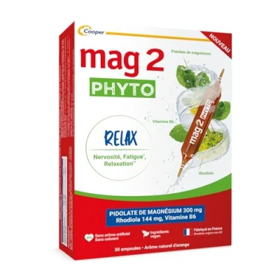 Image de MAG 2 Phyto Relax Magnésium 300 mg, vitamine B6 et rhodiola Stress relaxant Arôme naturel d&#039;orange Complément alimentaire Programme 15 jours 30 ampoules