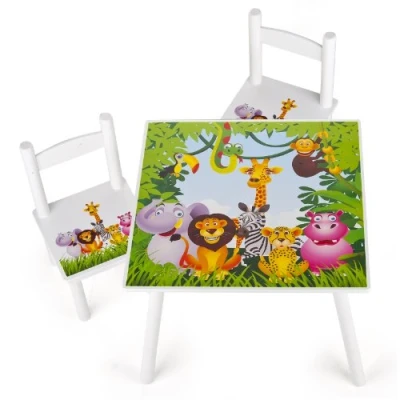 Image de Leomark Table et 2 chaises pour Enfants Petit Bureau Couleur Blanc avec Motif Jungle Animaux Dimensions: L 60 x H 42 Durable, Multiusage Facile à Installer