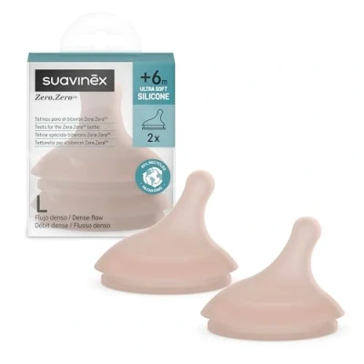Image de Suavinex, Lot de 2 Tetines pour Biberon Anti Colique Zero Zero. Débit Rapide (L),Ouverture Idéale les Liquides Épais, Tétine Zero, en Silicone, 6 M, Deep
