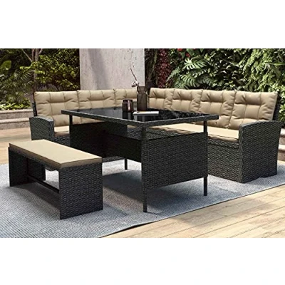 Image de CONCEPT USINE Salon de Jardin d&#039;angle Résine Tressée 8 Personnes Moorea Noir Coussin Beige 1 Table Haute Plateau Verre + 2 Canapés Banc Coussins Déhoussables Imperméables Anti UV