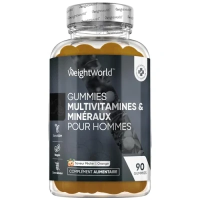 Image de Gummies Multivitamines et Minéraux Homme 90 Vegan (+1 Mois) Goût de Pêche &amp; Orange, Antioxydant, Énergie, Immunité, Vitamine C B A + Maca, Ginseng Panax Alternative aux Comprimés Gélules