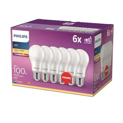 Image de Philips LED Classic E27 pack de 6 ampoules (100 W), mat avec éclairage blanc chaud, à économie d&#039;énergie, long durée vie, nouvelle génération
