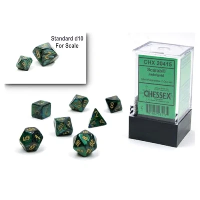 Image de Chessex CHX20415 Jeu de dés polyédriques en plastique jade scarabée/vert doré, 10 mm, Donjons et Dragons D&amp;D DND TTRPG, comprend 7 D4 D6 D8 D10 D12 D20 D%