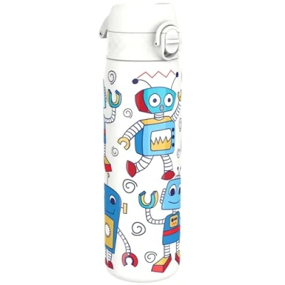 Image de Ion8 Gourde Inox, 600ml, Anti Fuite, Facile à Ouvrir, Verrouillage Sécurisé, Lavable au Lave Vaisselle, Poignée de Transport, Durable, Acier Inoxydable, Motif 3D Robots