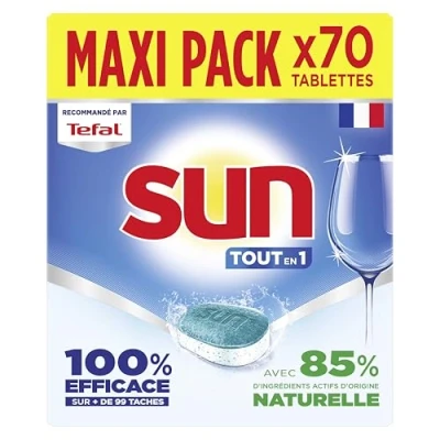 Image de SUN pastilles lave vaisselle Tout en 1 Regular 70 tablettes avec 85% d&#039;ingrédients d&#039;origine naturelle 100% efficace sur + de 99 taches Fabriqué France