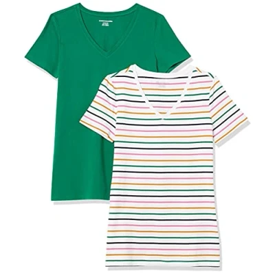 Image de Amazon Essentials T Shirt Col en v à Manches Courtes Coupe Classique Femme, Lot de 2, Blanc Rayures/Vert Foncé, S