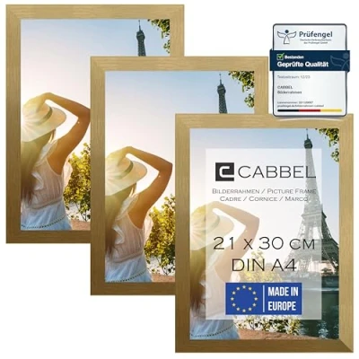 Image de CABBEL Lot de Trois (3 pcs.) Cadres Photo DIN A4 21x30 MDF Cadre en Bois Or avec Verre plexi incassable/Moderne