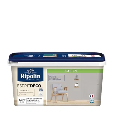 Image de RIPOLIN Peinture Intérieure Multi Supports Murs, Boiseries &amp; Radiateurs Ultra Couvrante Lessivable Application Facile Ecolabel Satin 2,5L Poivre de Sichuan