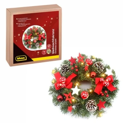 Image de Idena 30546 couronne de Noël LED avec guirlande lumineuse et 10 en blanc chaud, env. 30 cm, fonction minuterie 6 heures, fonctionne sur piles, comme porte &amp; décoration