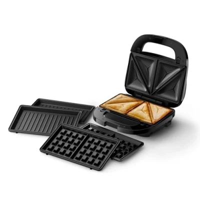 Image de Philips Appareil à sandwichs Series 5000 3 jeux de Plaques pour paninis, les et gaufres, gril antiadhésive, Coupez scellez, Puissance 750W, Noir (HD2350/80)